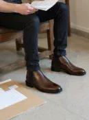 Men's dark brown handcrafted leather Chelsea boots by Royal Moccs.