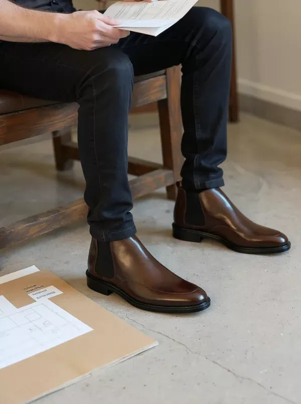 Men's dark brown handcrafted leather Chelsea boots by Royal Moccs.