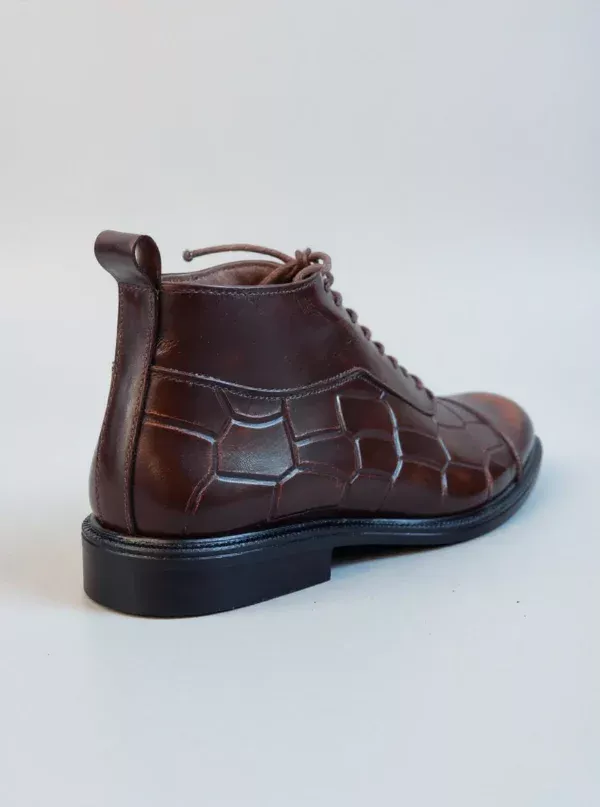 Men's dark brown handcrafted leather crocodile embossed boots by Royal Moccs.