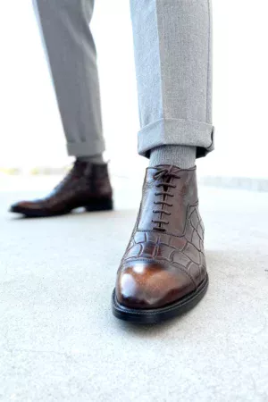 Men's dark brown handcrafted leather crocodile embossed boots by Royal Moccs.