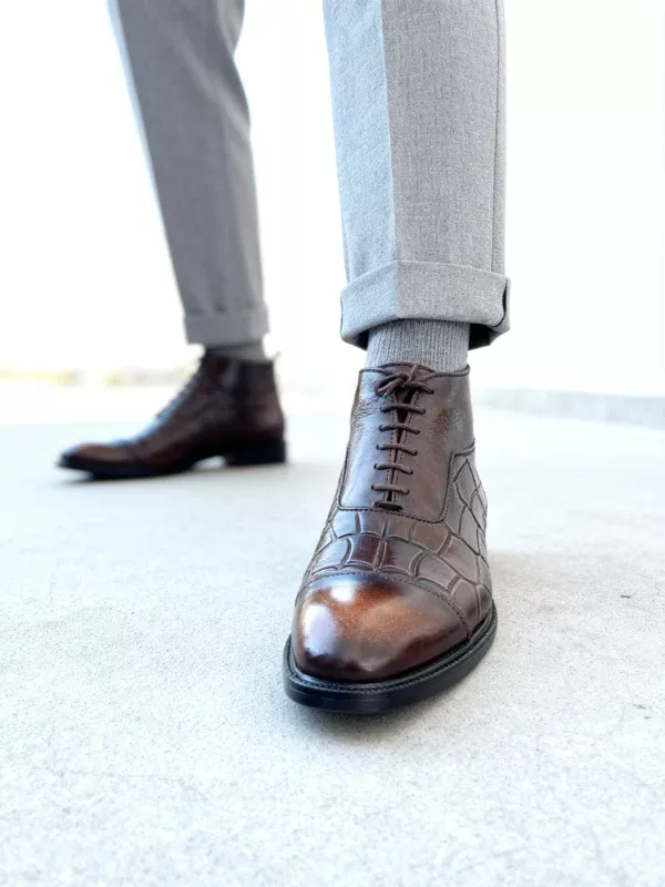 Men's dark brown handcrafted leather crocodile embossed boots by Royal Moccs.