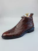 Men's dark brown handcrafted leather crocodile embossed boots by Royal Moccs.