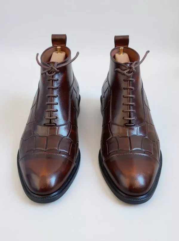 Men's dark brown handcrafted leather crocodile embossed boots by Royal Moccs.