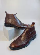 Men's dark brown handcrafted leather crocodile embossed boots by Royal Moccs.