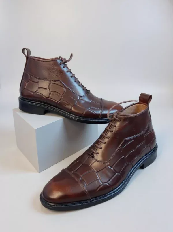 Men's dark brown handcrafted leather crocodile embossed boots by Royal Moccs.