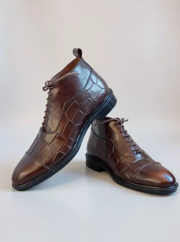 Men's dark brown handcrafted leather crocodile embossed boots by Royal Moccs.