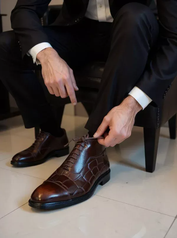 Men's dark brown handcrafted leather crocodile embossed boots by Royal Moccs.