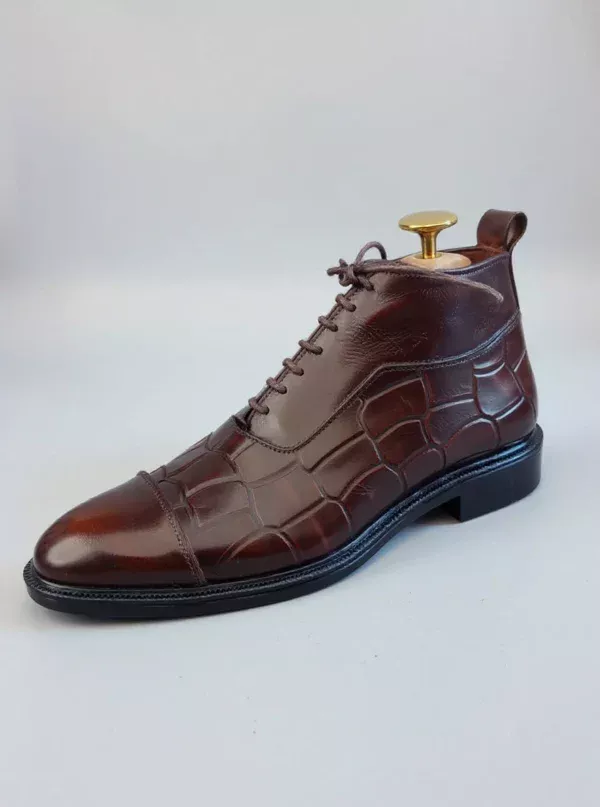 Men's dark brown handcrafted leather crocodile embossed boots by Royal Moccs.
