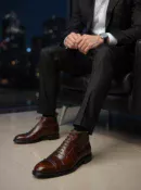 Men's dark brown handcrafted leather crocodile embossed boots by Royal Moccs.