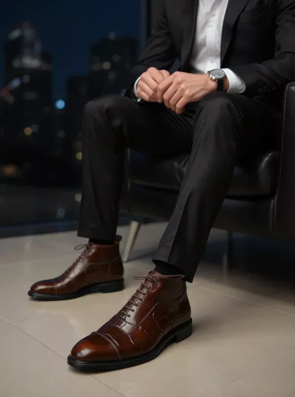 Men's dark brown handcrafted leather crocodile embossed boots by Royal Moccs.