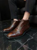 Men's dark brown handcrafted leather crocodile embossed boots by Royal Moccs.