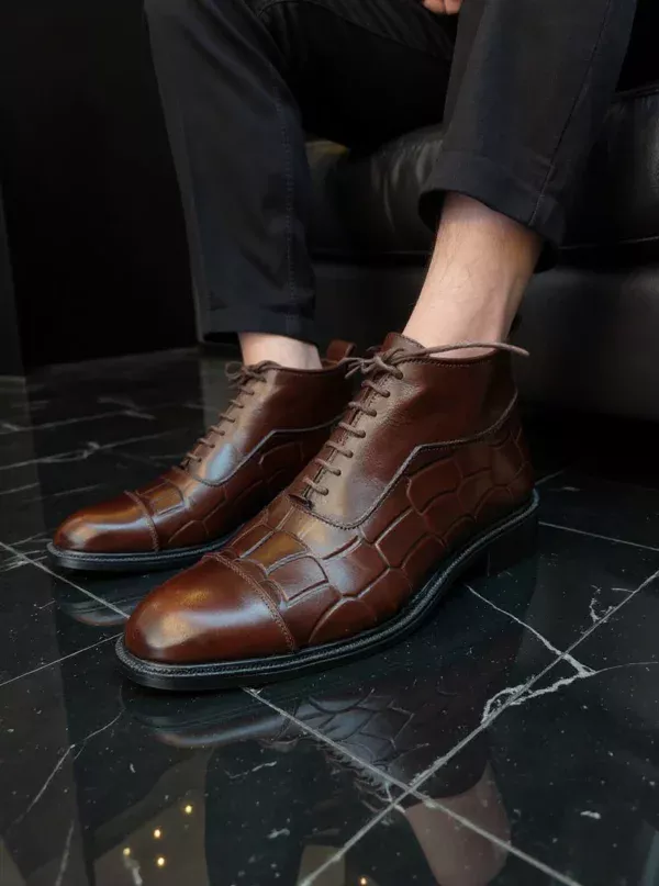 Men's dark brown handcrafted leather crocodile embossed boots by Royal Moccs.