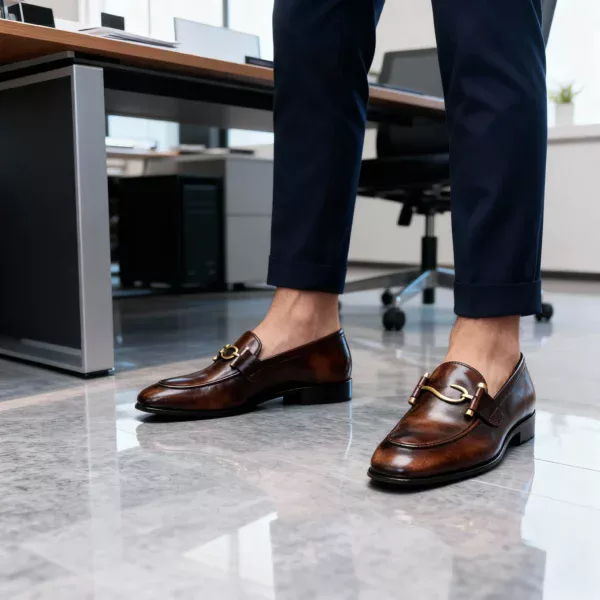 A pair of premium brown leather loafers with a supportive medicated sole for lasting comfort.