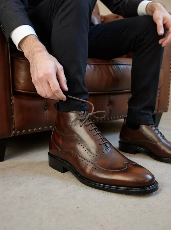 Men's dark brown handcrafted leather brogue boots by Royal Moccs.