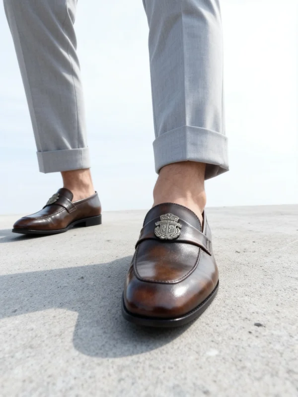 Men's dark brown handcrafted leather loafers with royal crest by Royal Moccs.