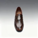 Men's dark brown handcrafted leather loafers with royal crest by Royal Moccs.