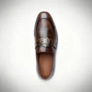 Men's dark brown handcrafted leather loafers with royal crest by Royal Moccs.