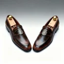 Men's dark brown handcrafted leather loafers with royal crest by Royal Moccs.