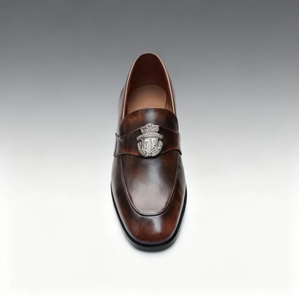 Men's dark brown handcrafted leather loafers with royal crest by Royal Moccs.