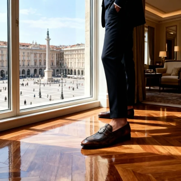 Men's dark brown handcrafted leather loafers with royal crest by Royal Moccs.