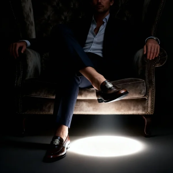 Men's dark brown handcrafted leather loafers with royal crest by Royal Moccs.