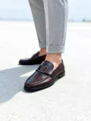 Stylish embossed leather shoes for men with silver hardware, available to buy online in Pakistan.