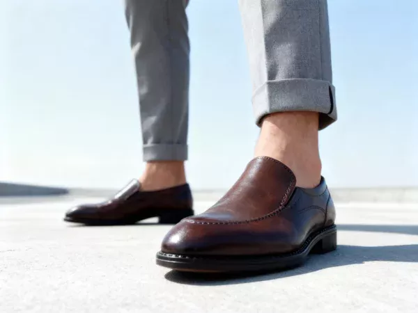 Men's brown handcrafted leather loafers with decorative stitching by Royal Moccs.