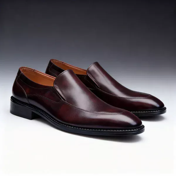 Men's brown handcrafted leather loafers with decorative stitching by Royal Moccs.