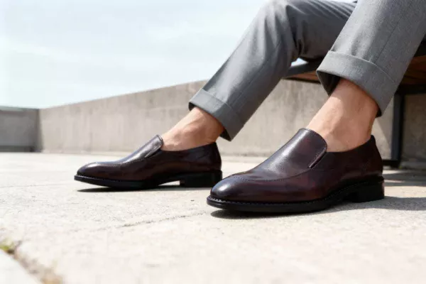 Men's brown handcrafted leather loafers with decorative stitching by Royal Moccs.