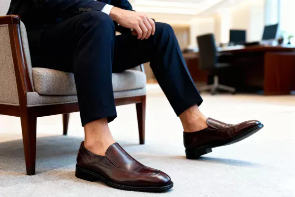 Men's brown handcrafted leather loafers with decorative stitching by Royal Moccs.