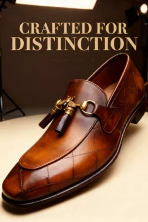 A pair of premium brown leather quilted loafers with a supportive medicated sole for lasting comfort.