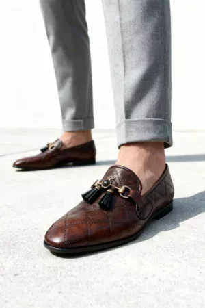 Men's brown handcrafted leather quilted tassel loafers by Royal Moccs.