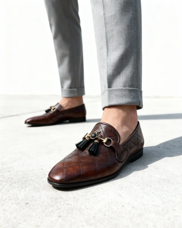 Men's brown handcrafted leather quilted tassel loafers by Royal Moccs.