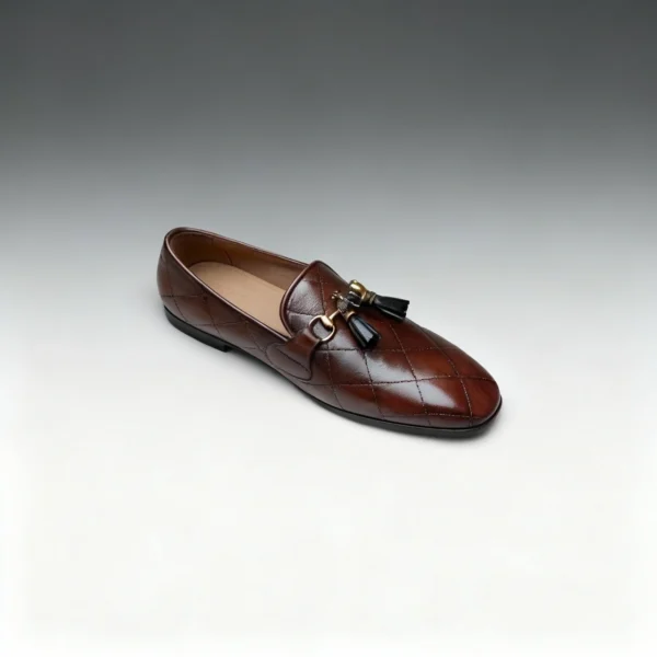 Men's brown handcrafted leather quilted tassel loafers by Royal Moccs.