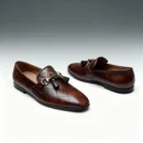 Men's brown handcrafted leather quilted tassel loafers by Royal Moccs.
