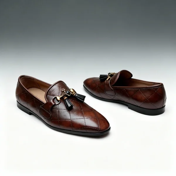 Men's brown handcrafted leather quilted tassel loafers by Royal Moccs.