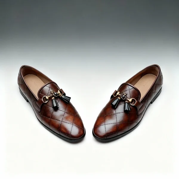 Men's brown handcrafted leather quilted tassel loafers by Royal Moccs.
