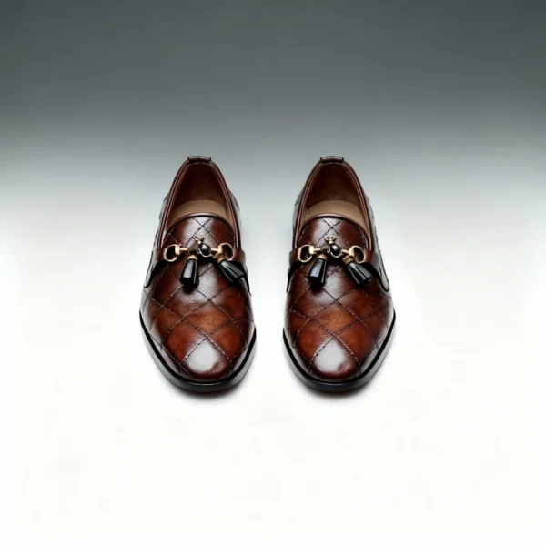 Men's brown handcrafted leather quilted tassel loafers by Royal Moccs.