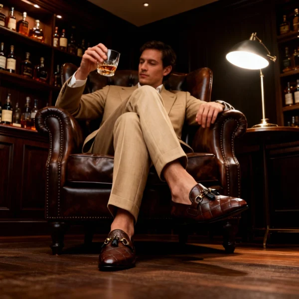 Men's brown handcrafted leather quilted tassel loafers by Royal Moccs.