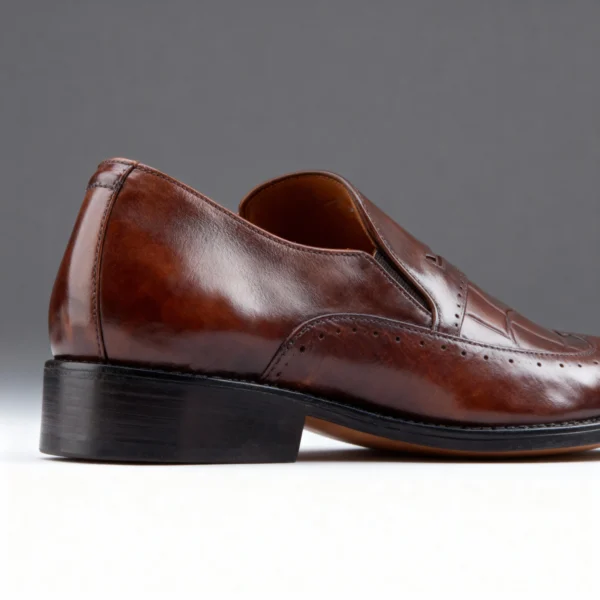 A pair of premium brown leather shoes with a supportive medicated sole for lasting comfort.