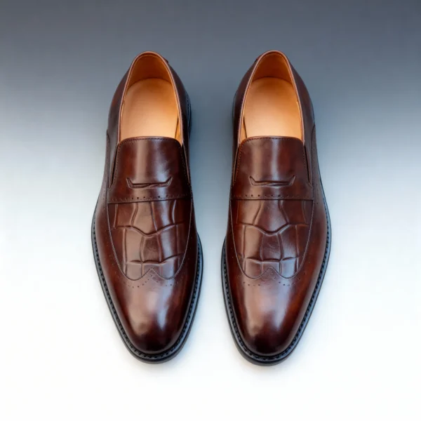 A pair of premium brown leather shoes with a supportive medicated sole for lasting comfort.