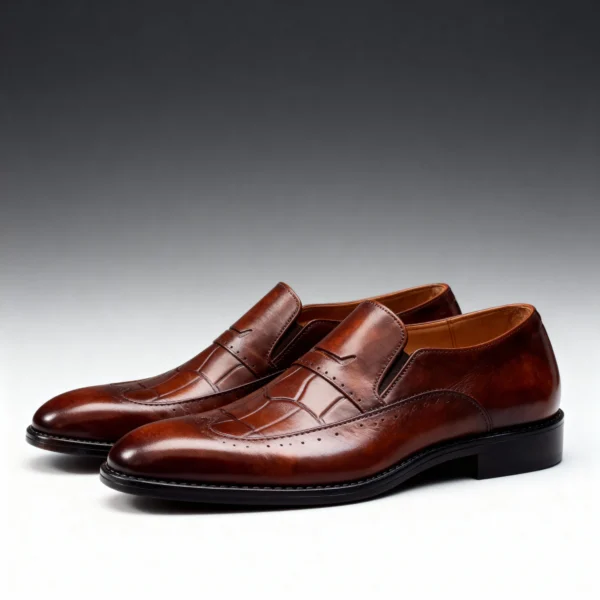 A pair of premium brown leather shoes with a supportive medicated sole for lasting comfort.