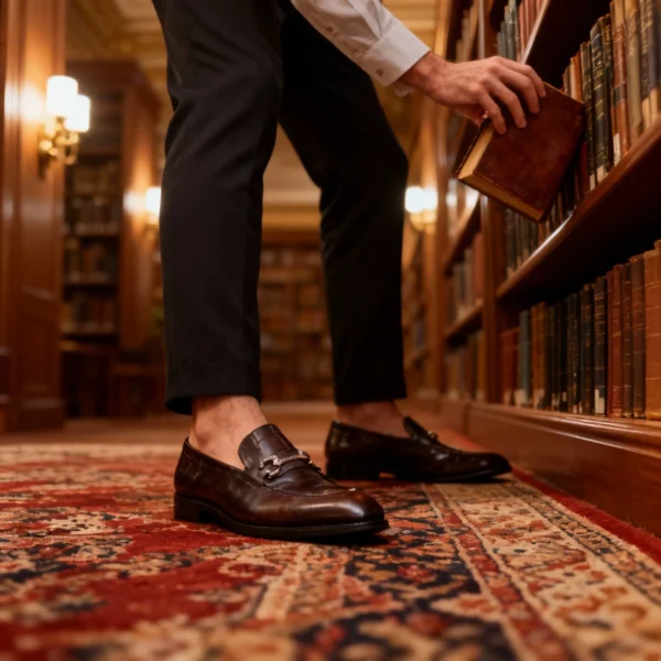 A pair of premium brown leather loafers with an antique gold horsebit and supportive medicated sole.