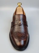 Men's dark brown handcrafted leather single strap loafers by Royal Moccs.