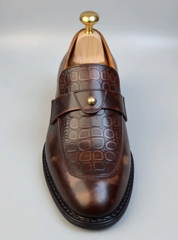 Men's dark brown handcrafted leather single strap loafers by Royal Moccs.
