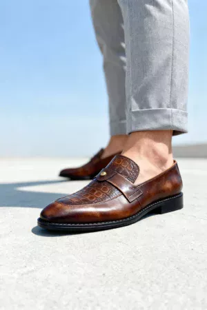 Men's dark brown handcrafted leather single strap loafers by Royal Moccs.