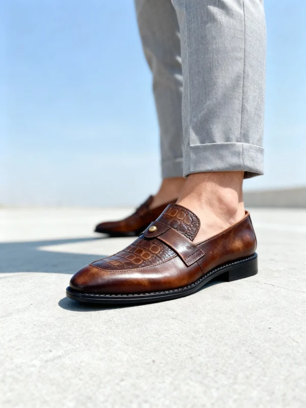 Men's dark brown handcrafted leather single strap loafers by Royal Moccs.