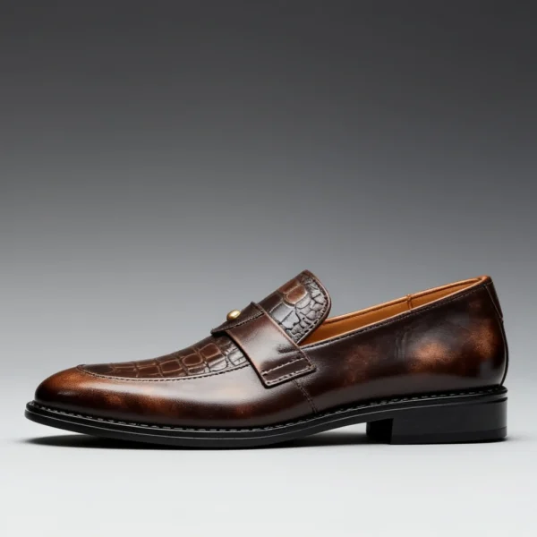 Men's dark brown handcrafted leather single strap loafers by Royal Moccs.