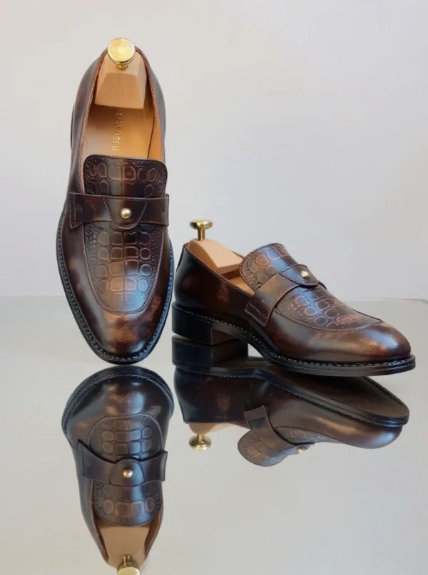 Men's dark brown handcrafted leather single strap loafers by Royal Moccs.