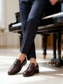 Men's dark brown handcrafted leather single strap loafers by Royal Moccs.